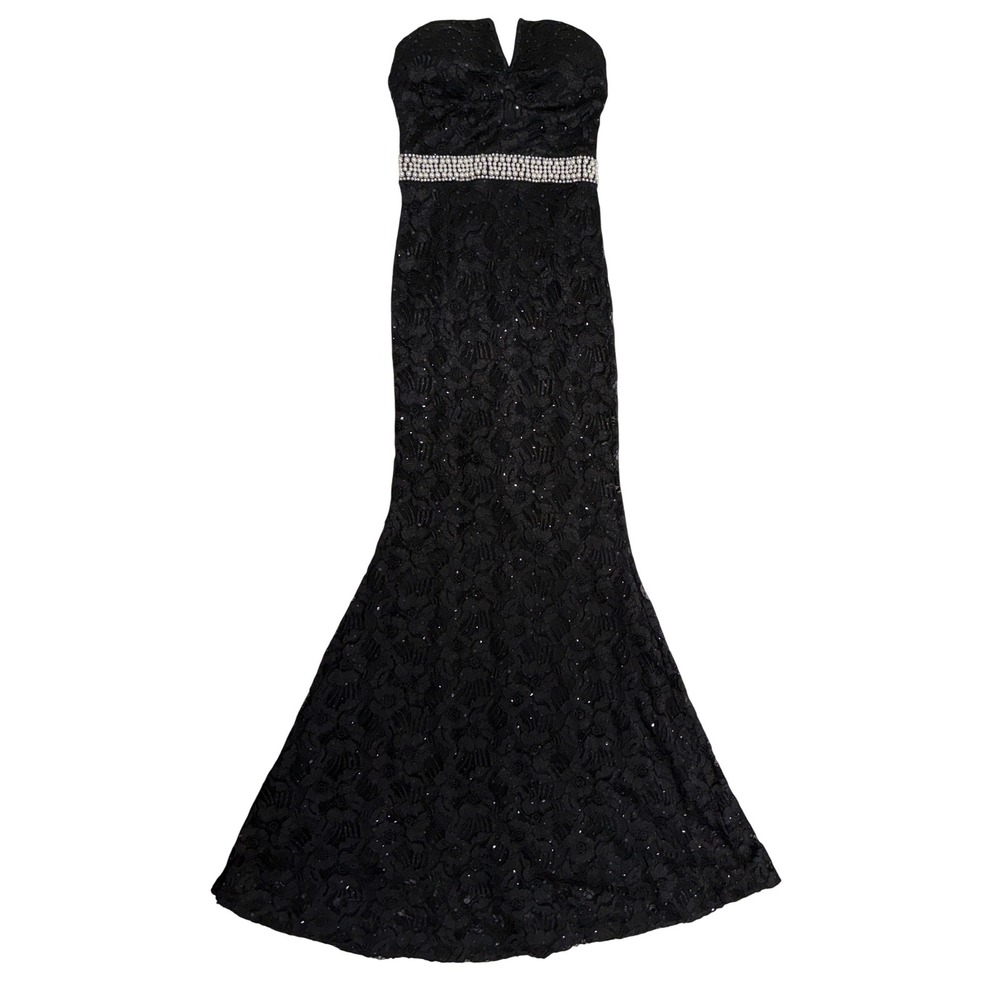 Vintage Black Sequin Lace Mermaid Gown Strapless Prom Dress Pearl Waist Detail